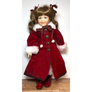 Vintage Porcelain Doll Green Eyes Red Velvet Holiday Outfit White Fur Trim